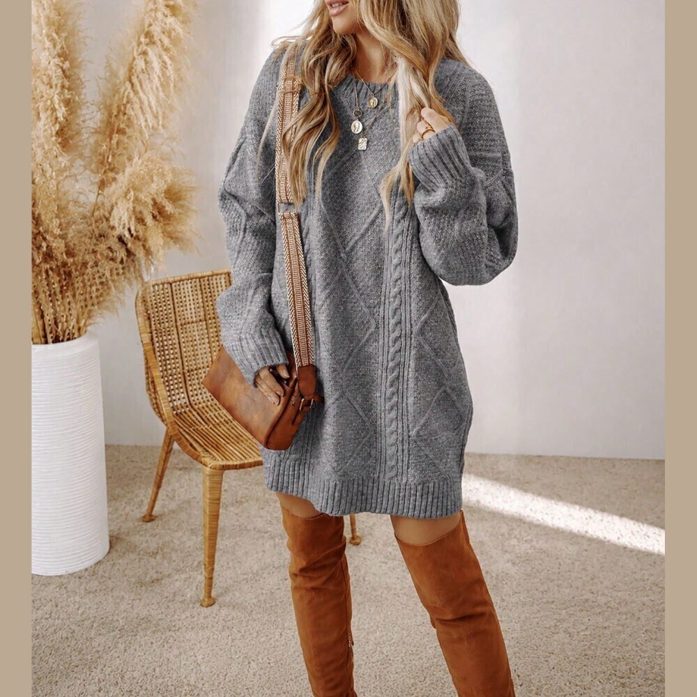 Gray Cable Knit Round Neck Oversized Sweater Dress with Ribbed Cuffs